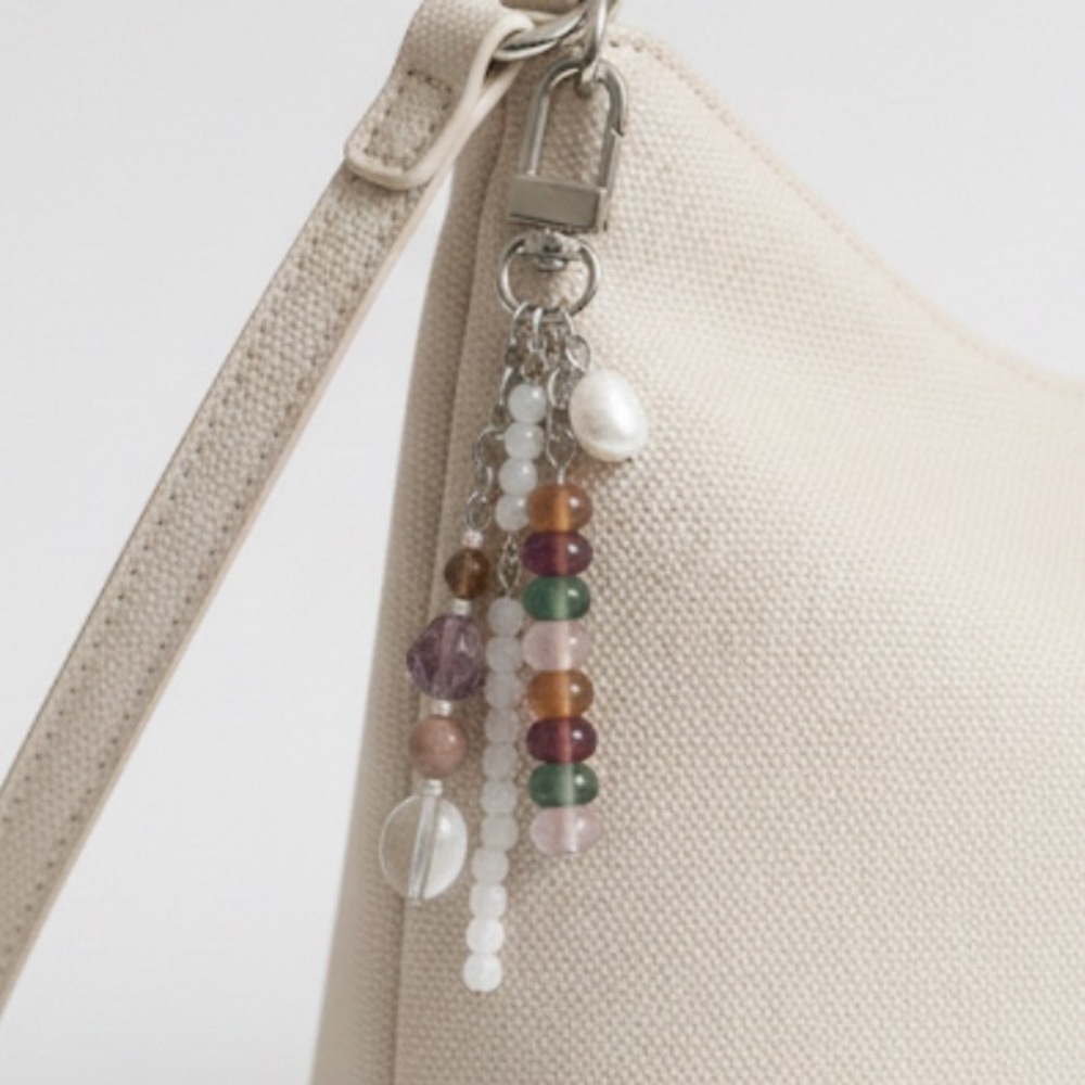 Glass Candy Elegant Beaded Bag Charm Keychain with Real Pearl and Silver Tones
